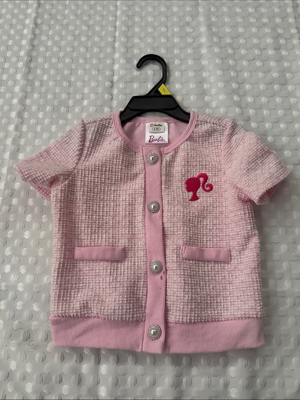 Barbie Pink Tweed-Effect Short Sleeve Button Cardigan 4-5T